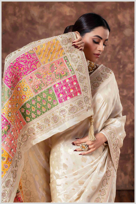 Off-white Silk Saree with Mirro Border & Patched Pallu
