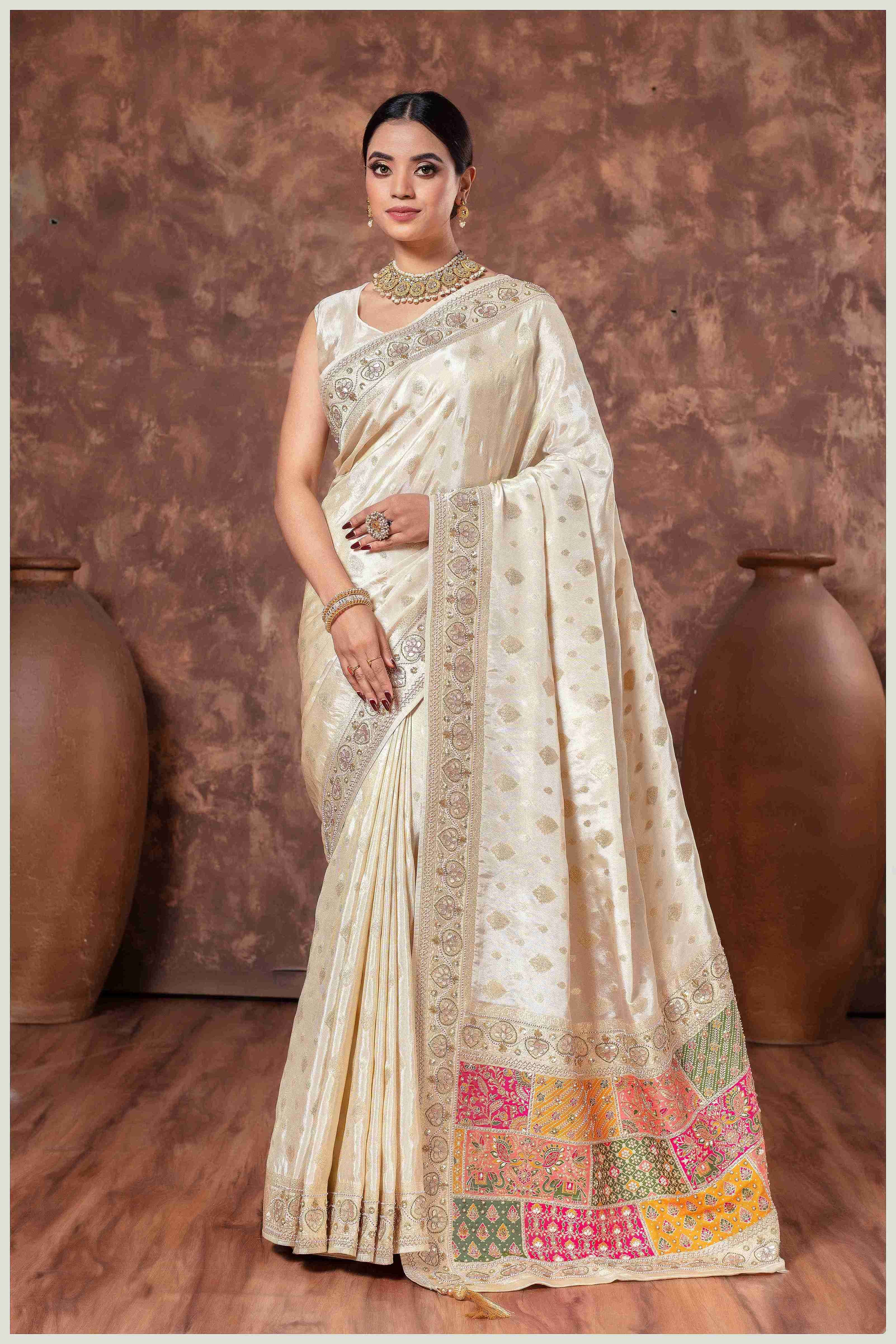 Off-white Silk Saree with Mirro Border & Patched Pallu