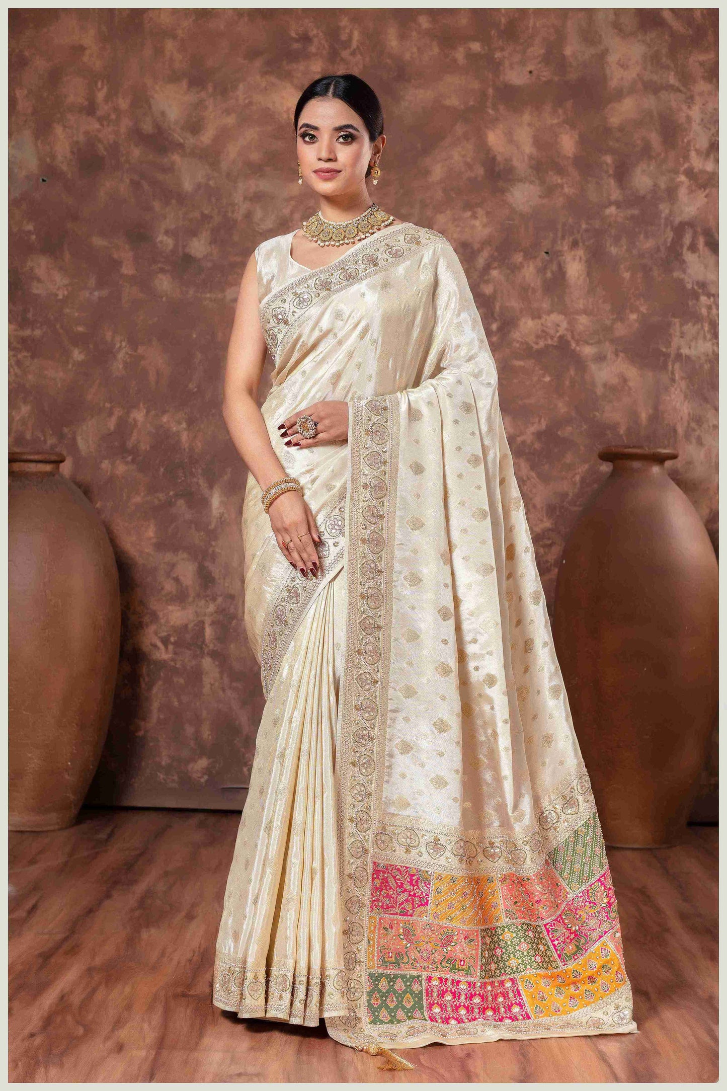 Off-white Silk Saree with Mirro Border & Patched Pallu
