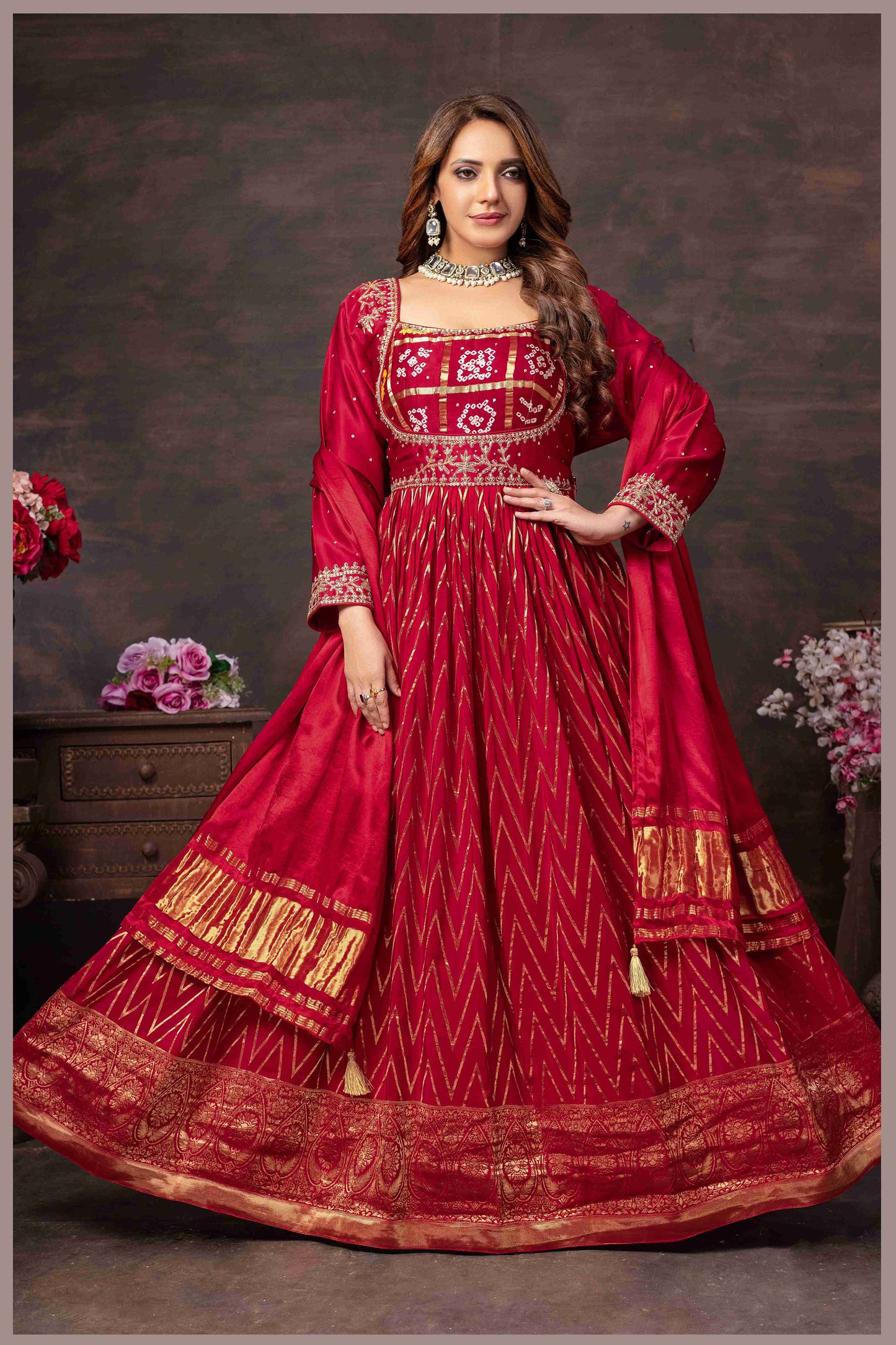 Regal Red Anarkali with Bandhej Motifs