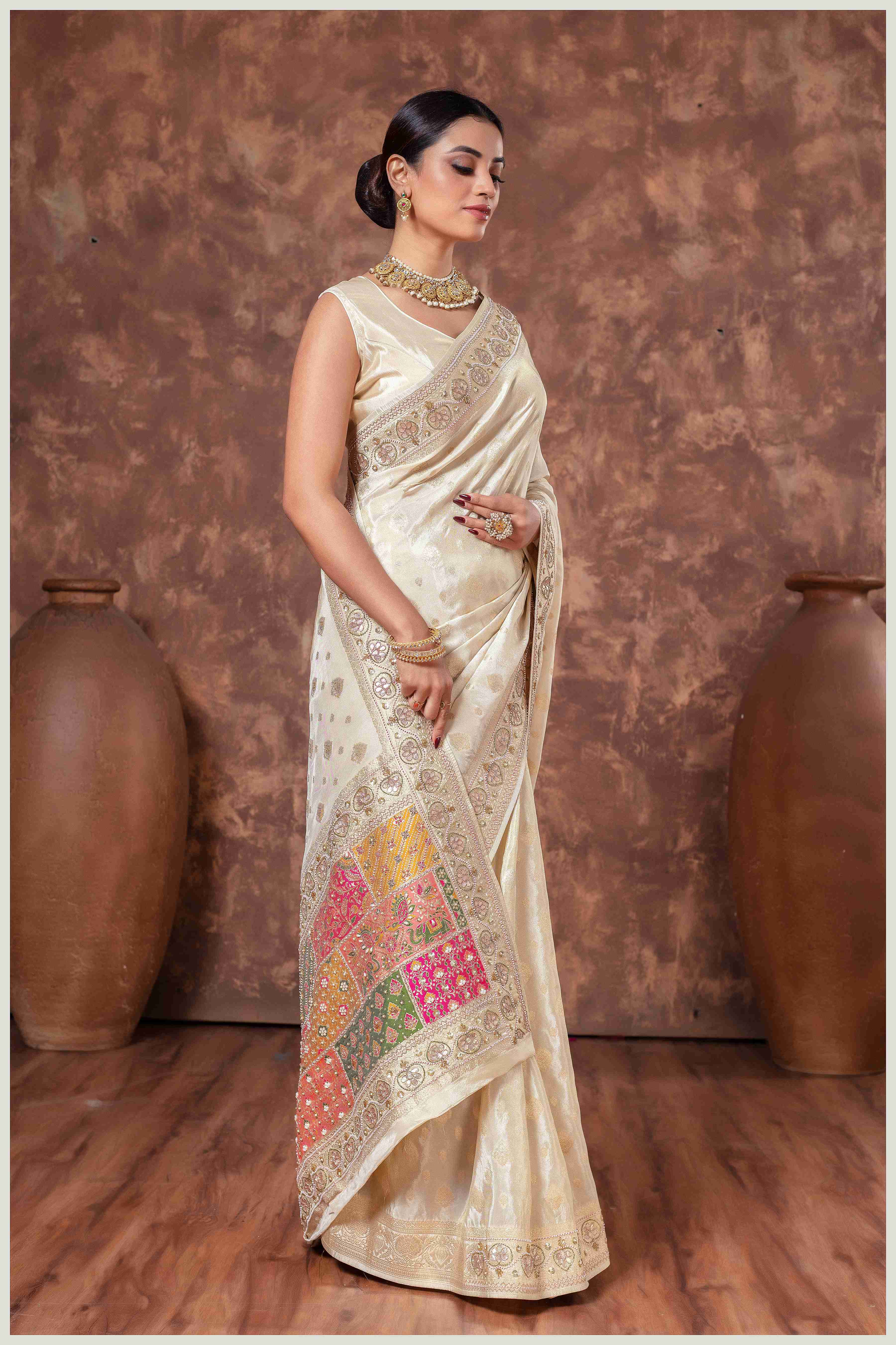 Off-white Silk Saree with Mirro Border & Patched Pallu