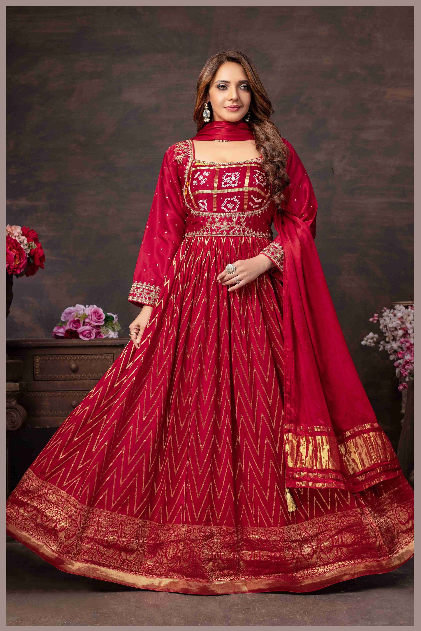 Regal Red Anarkali with Bandhej Motifs