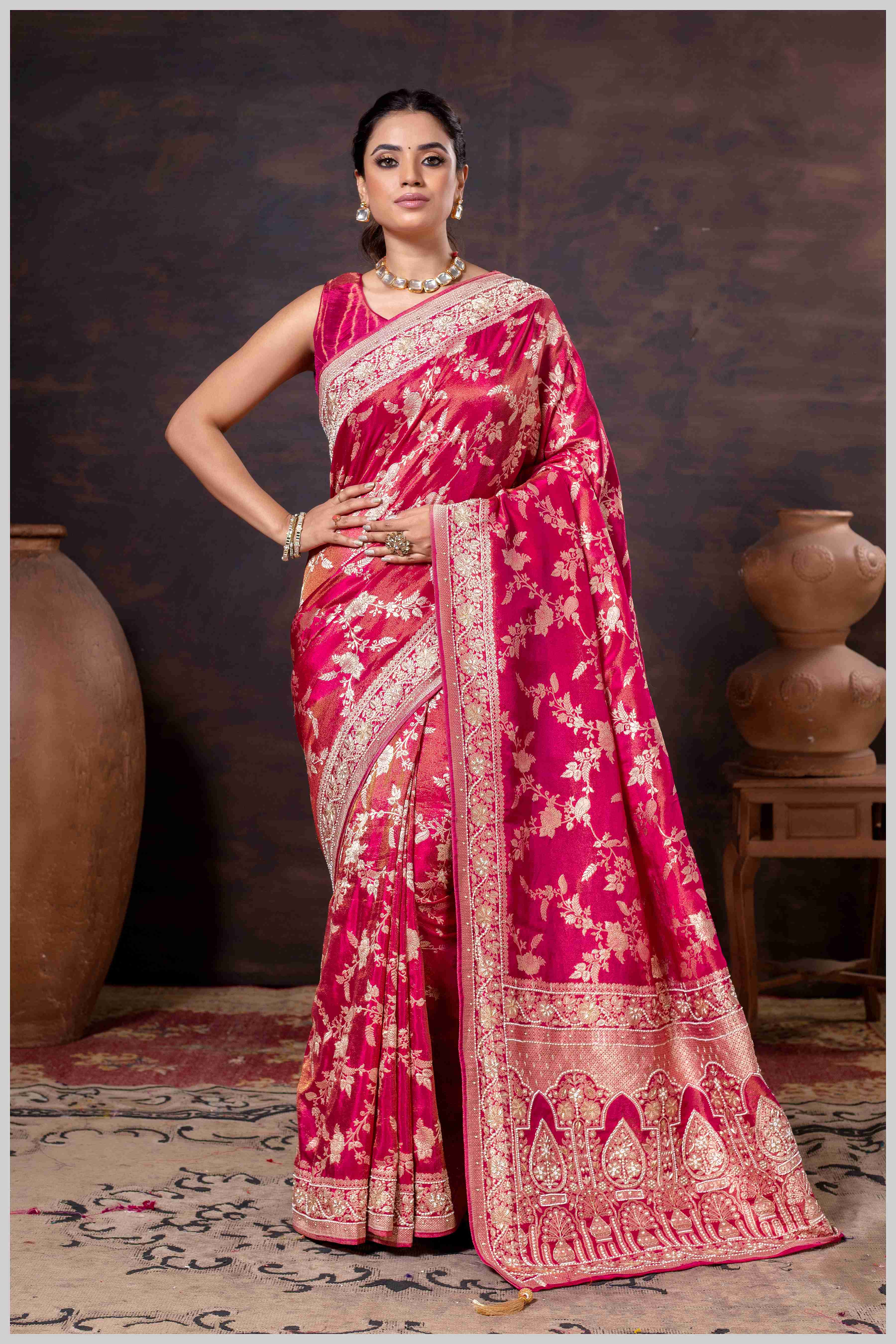 Grace in Bloom: Dark Pink Tissue Saree with Woven Floral Vines