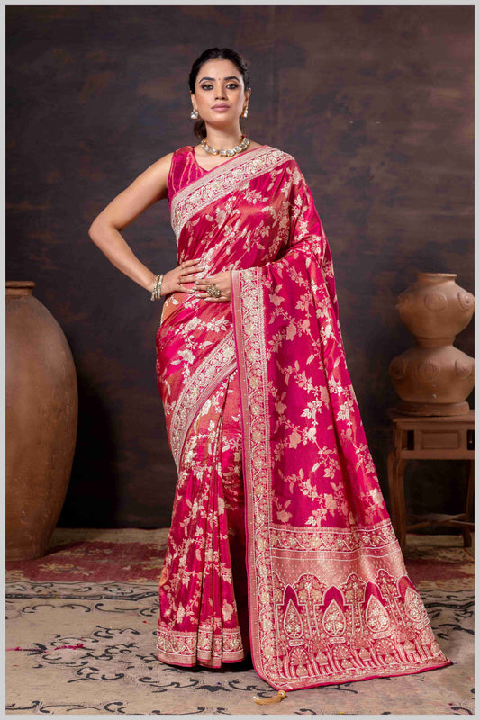 Grace in Bloom: Dark Pink Tissue Saree with Woven Floral Vines