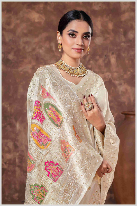 off-white Tissue Saree with Hand Embroidered Border