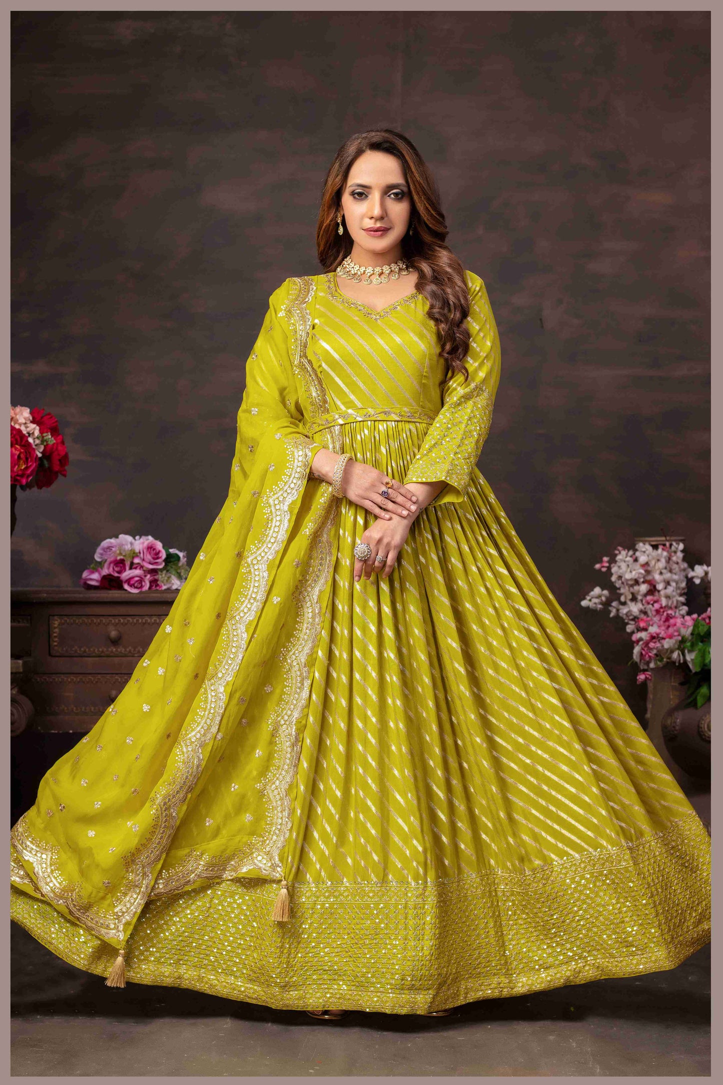 Radiant Chartreuse Anarkali with Mirror Work