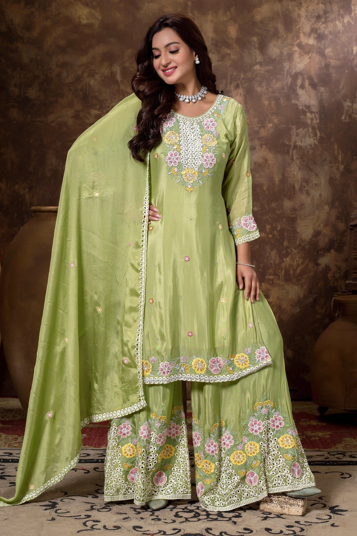 Floral Embroidered Kurta Sharara Set with Dupatta