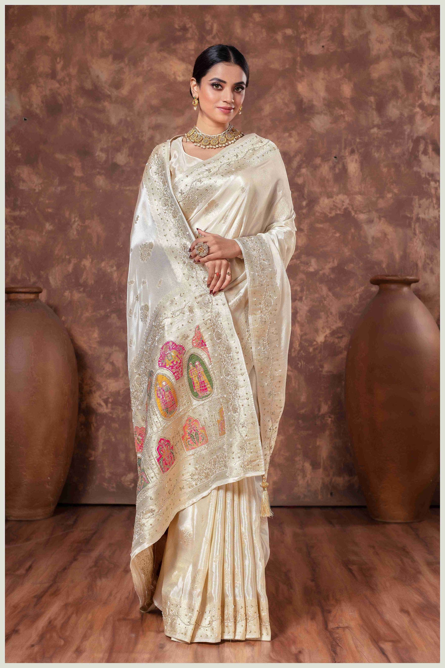 off-white Tissue Saree with Hand Embroidered Border
