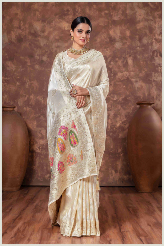 off-white Tissue Saree with Hand Embroidered Border