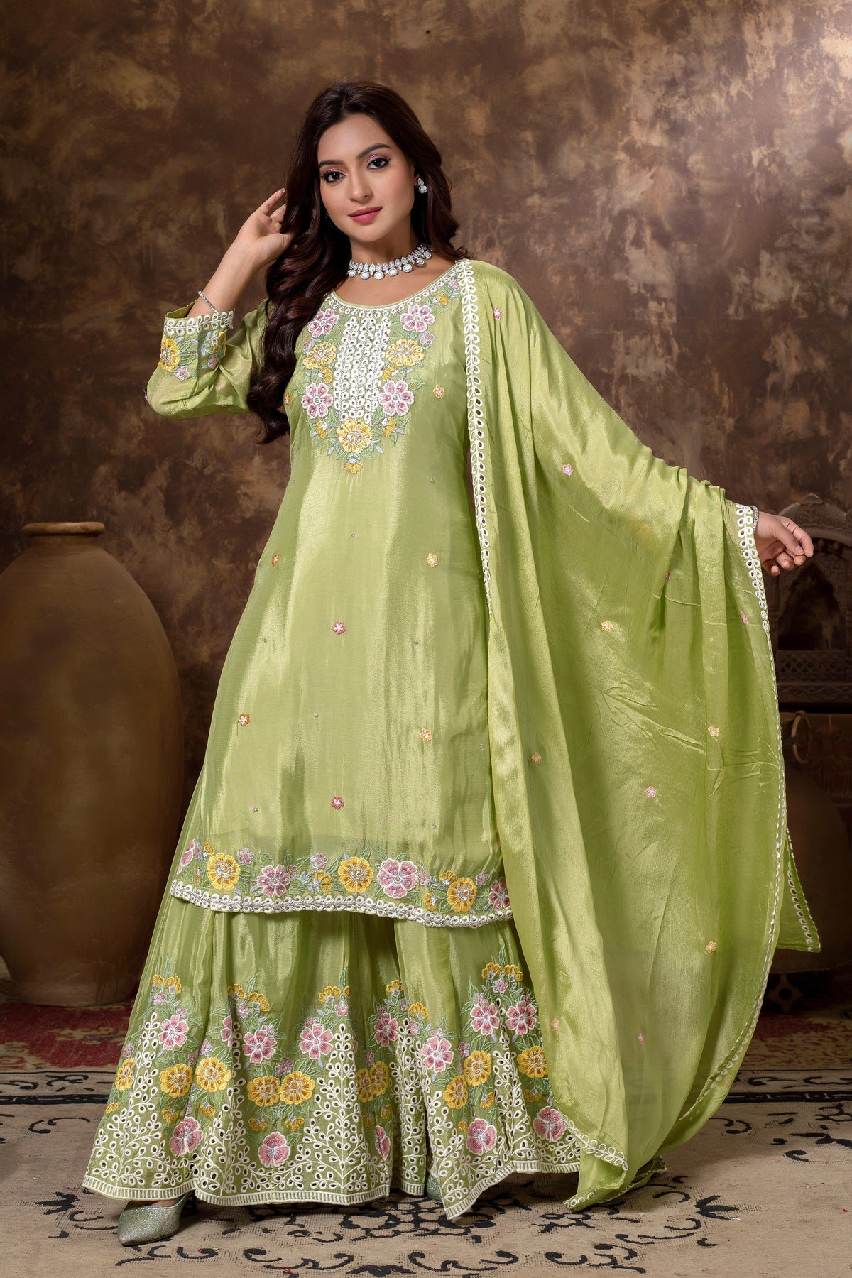 Floral Embroidered Kurta Sharara Set with Dupatta