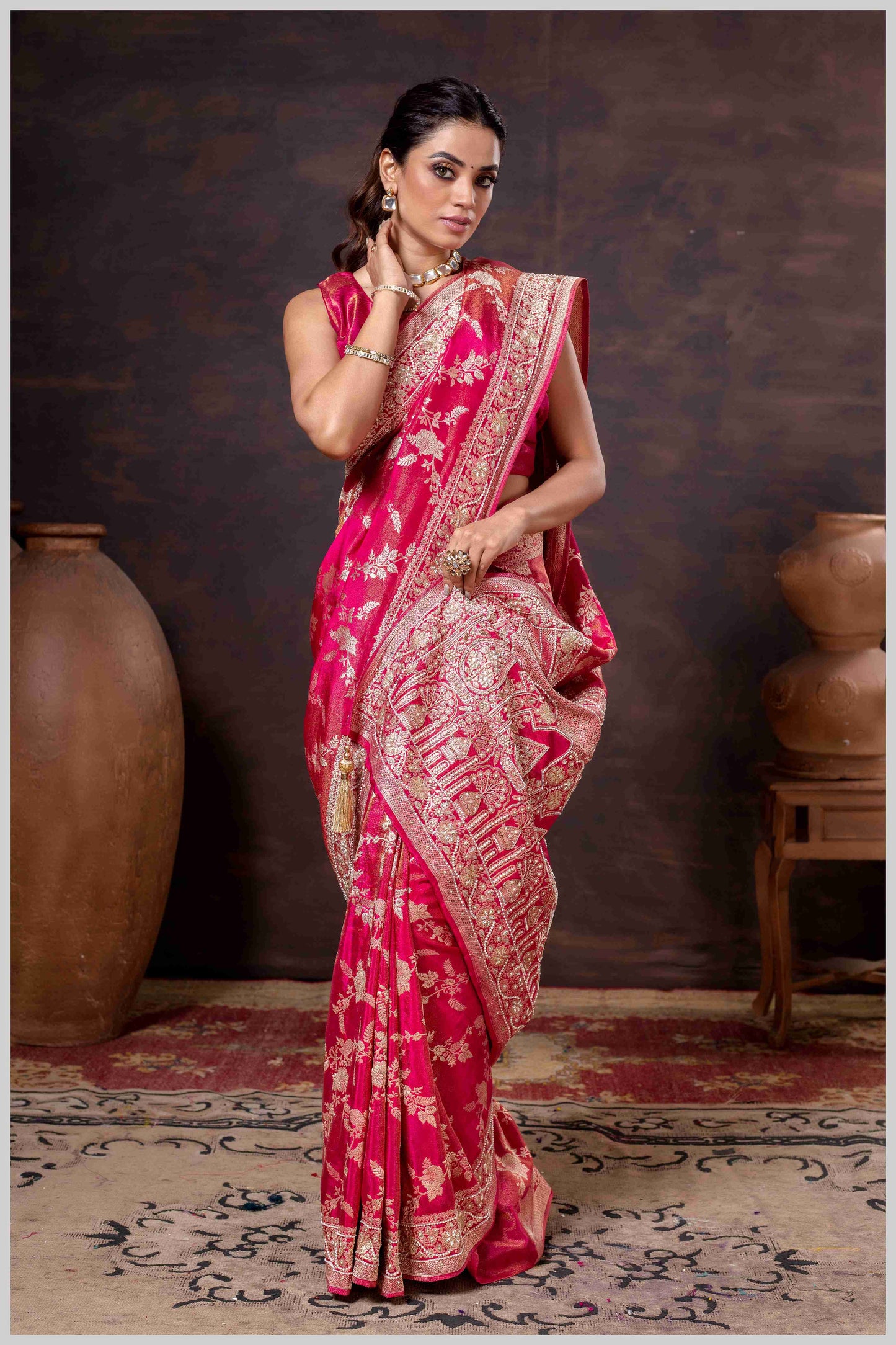 Grace in Bloom: Dark Pink Tissue Saree with Woven Floral Vines