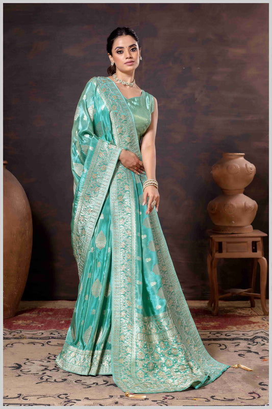 Aqua Elegance: Tissue Silk Saree with Gold Zari Woven Details