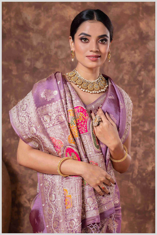 Magenta Tissue Saree with Hand Embroidered Border