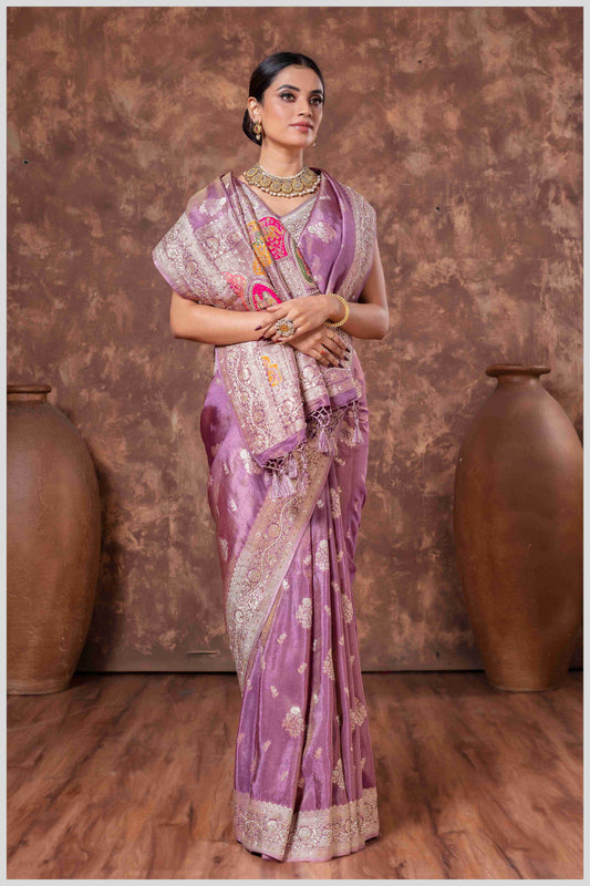 Magenta Tissue Saree with Hand Embroidered Border