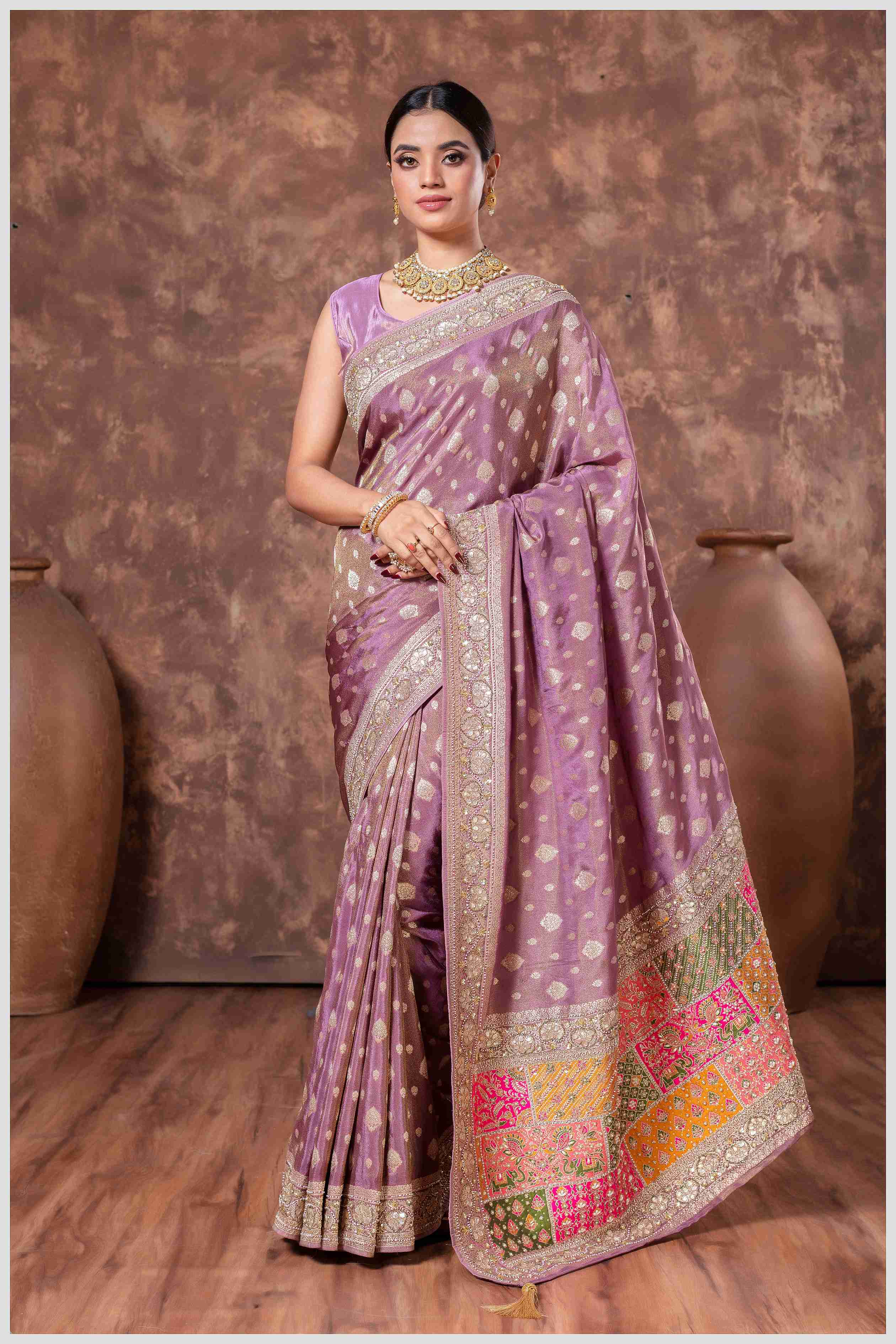 Magenta Banarasi Saree with Mirror Border & Patched Pallu