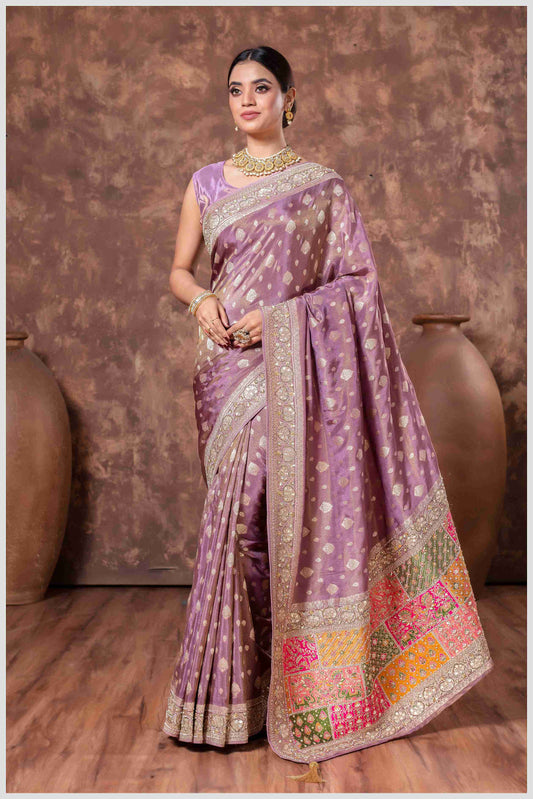 Magenta Banarasi Saree with Mirror Border & Patched Pallu