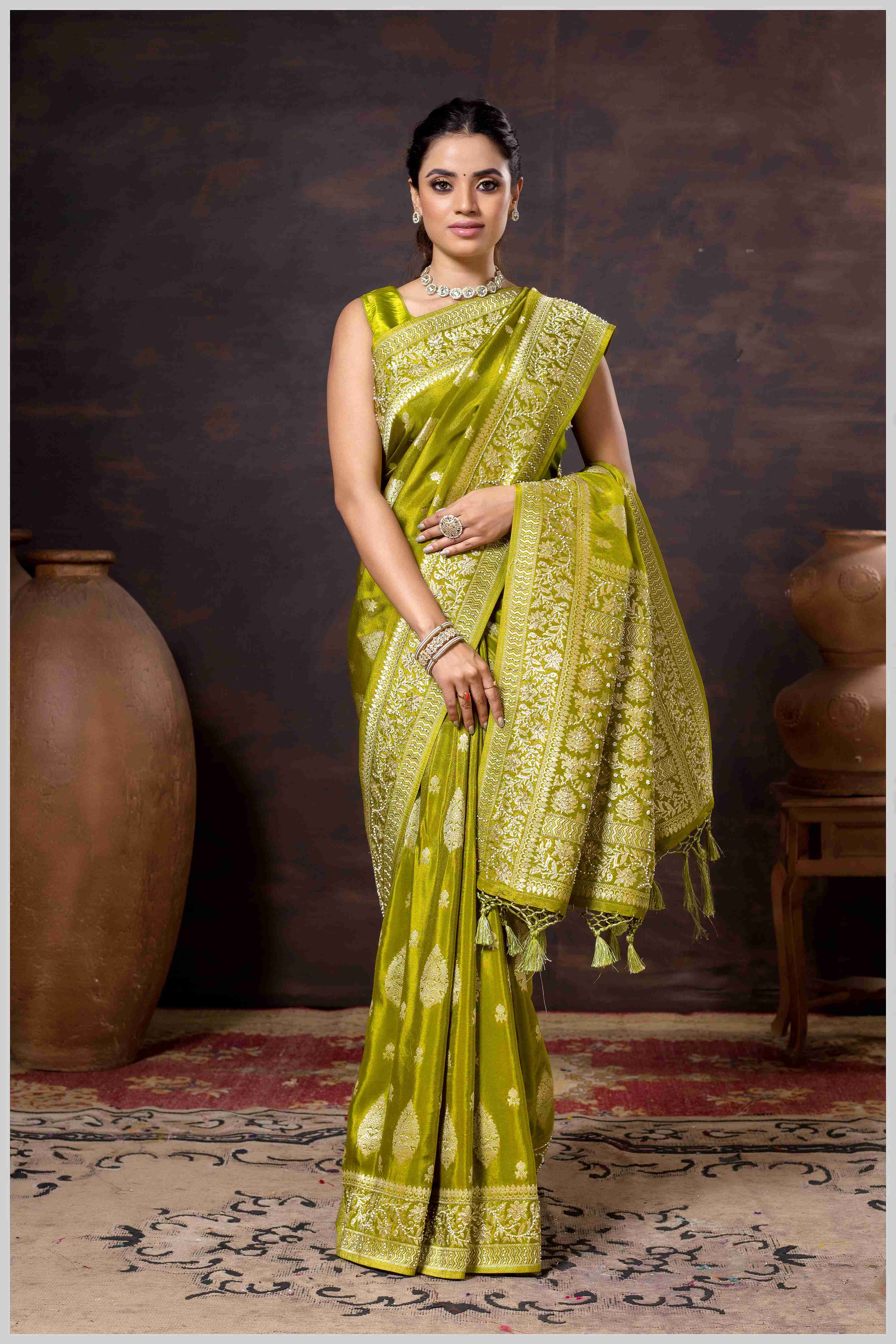 Mahendi Elegance: Tissue Silk Saree with Gold Zari Woven Details