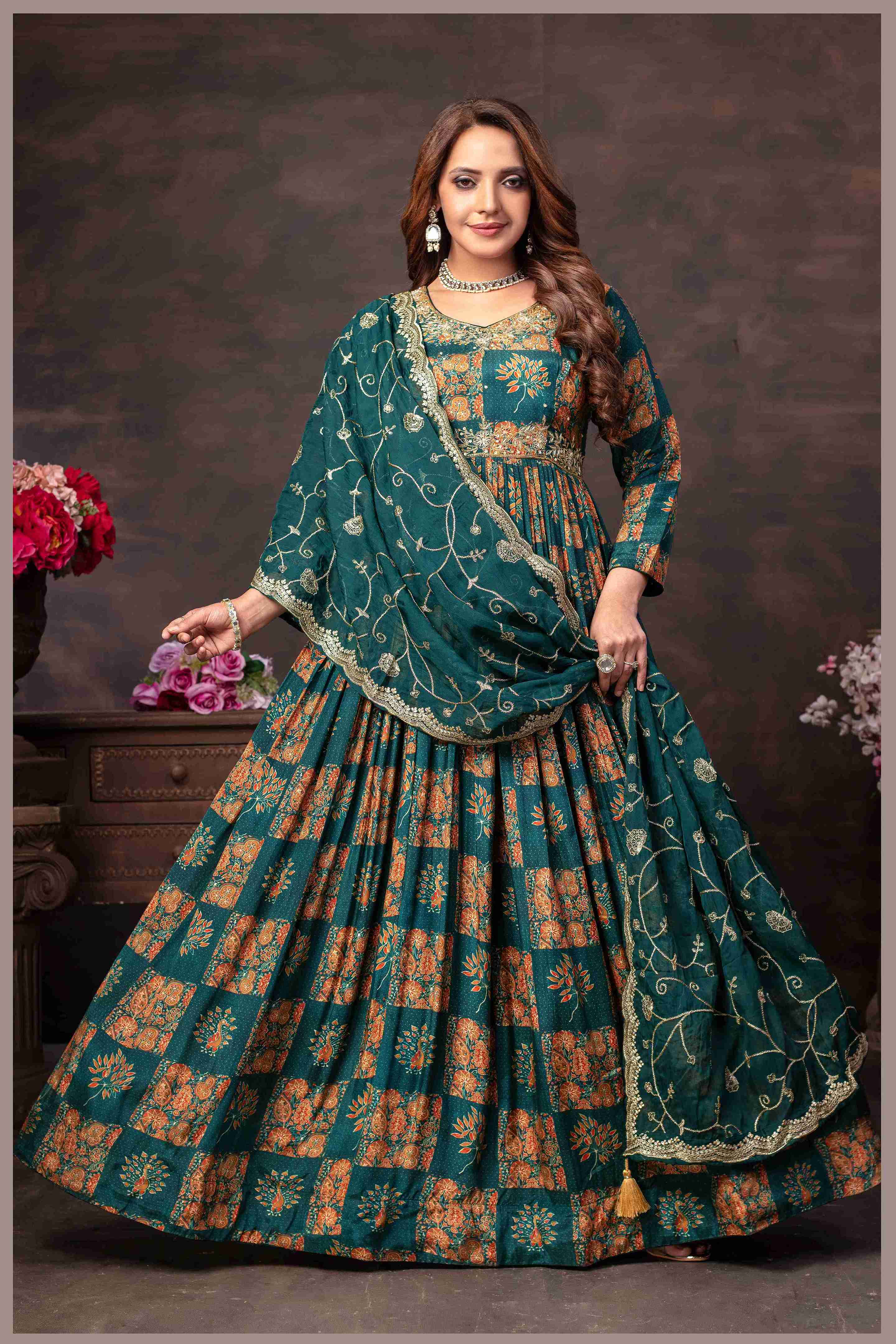 Emerald Green Muslin Printed Gown with Embroidered Net Dupatta