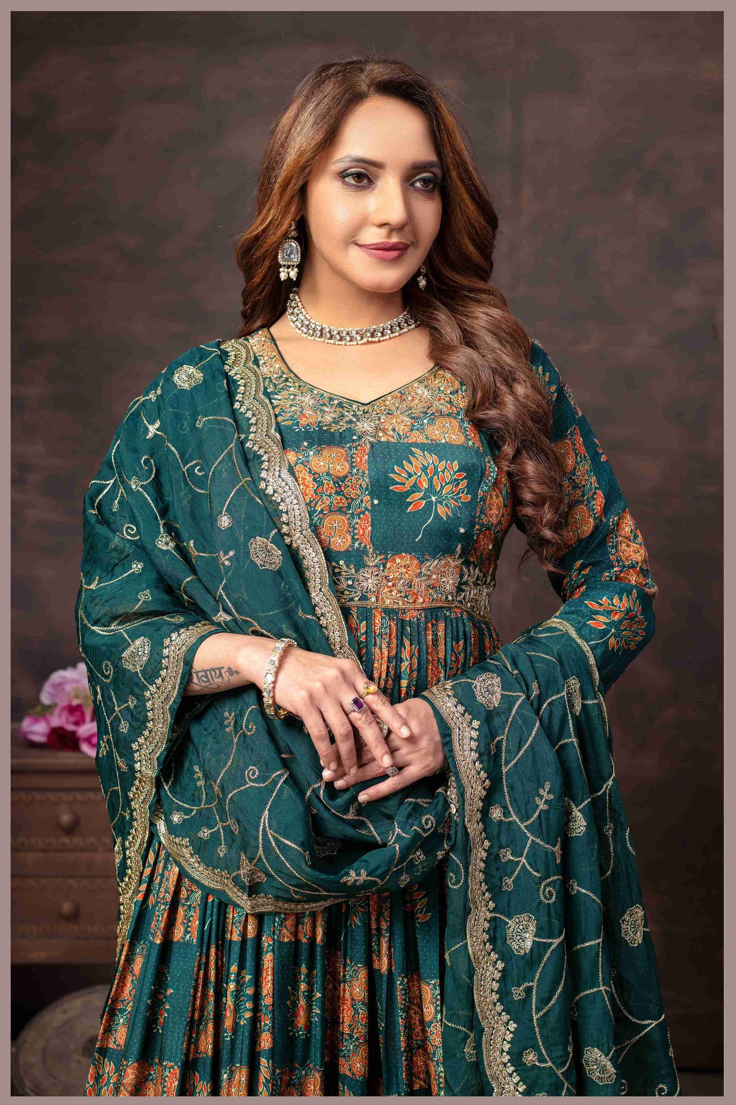 Emerald Green Muslin Printed Gown with Embroidered Net Dupatta