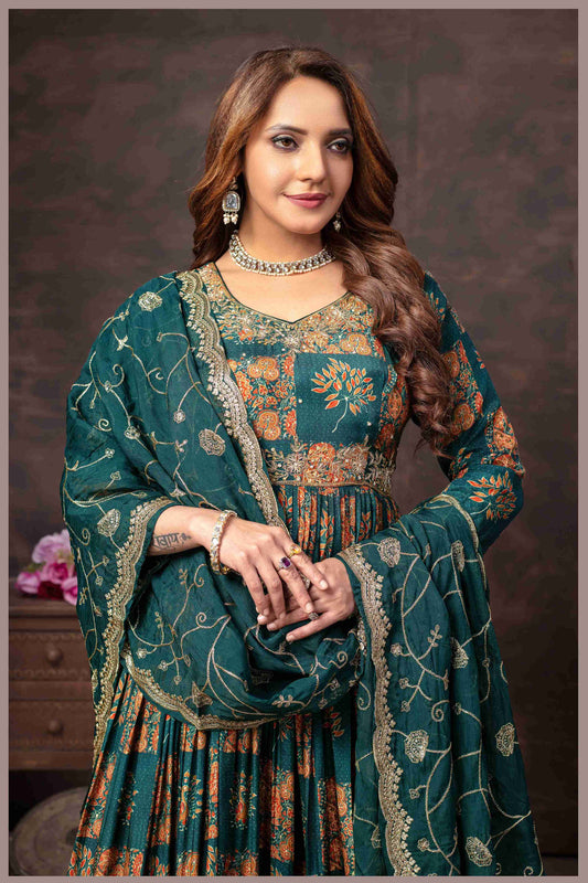 Emerald Green Muslin Printed Gown with Embroidered Net Dupatta