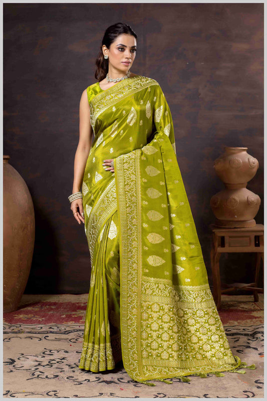 Mahendi Elegance: Tissue Silk Saree with Gold Zari Woven Details