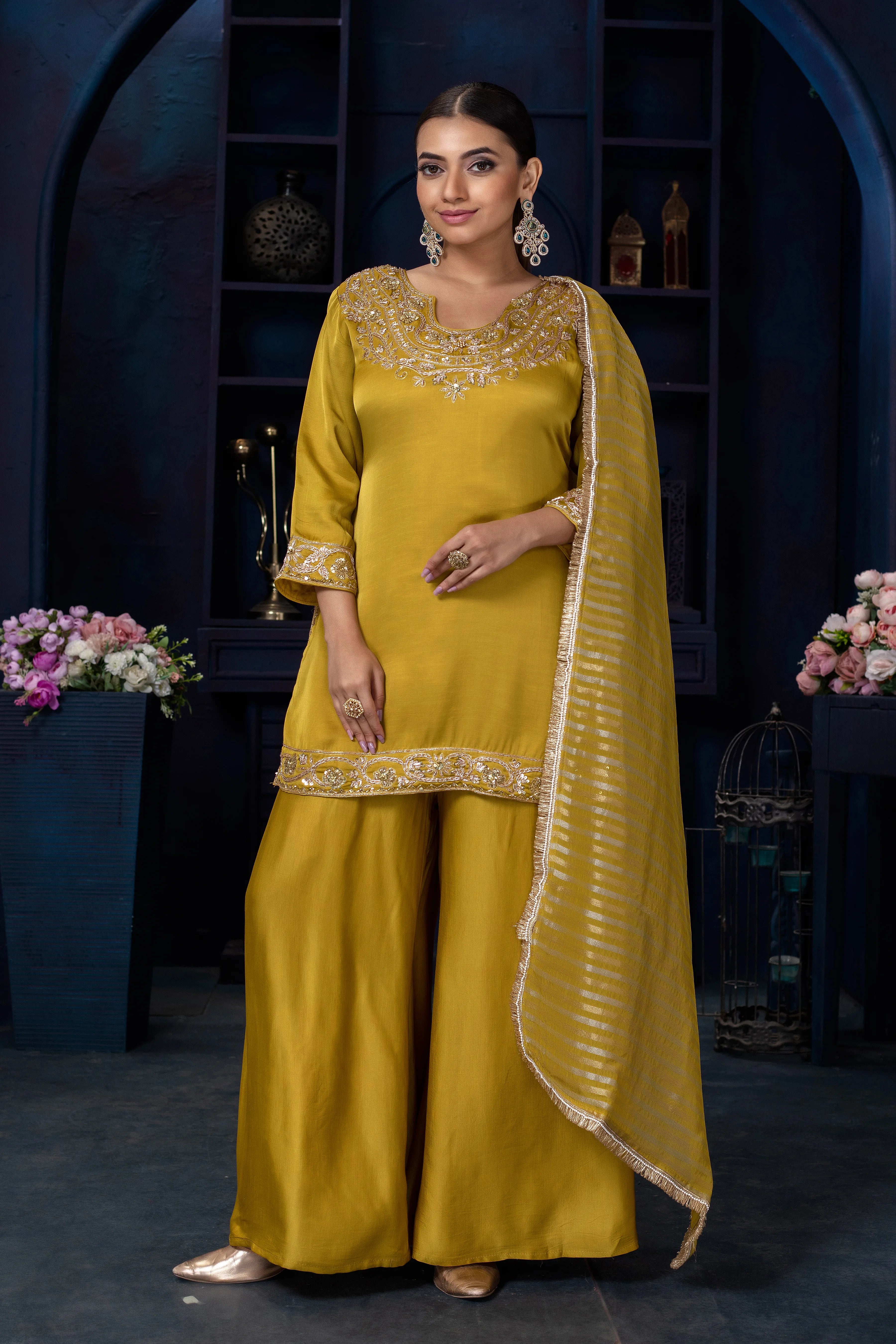 Pure Linen Zardozi Handwork Palazzo Set with Dupatta