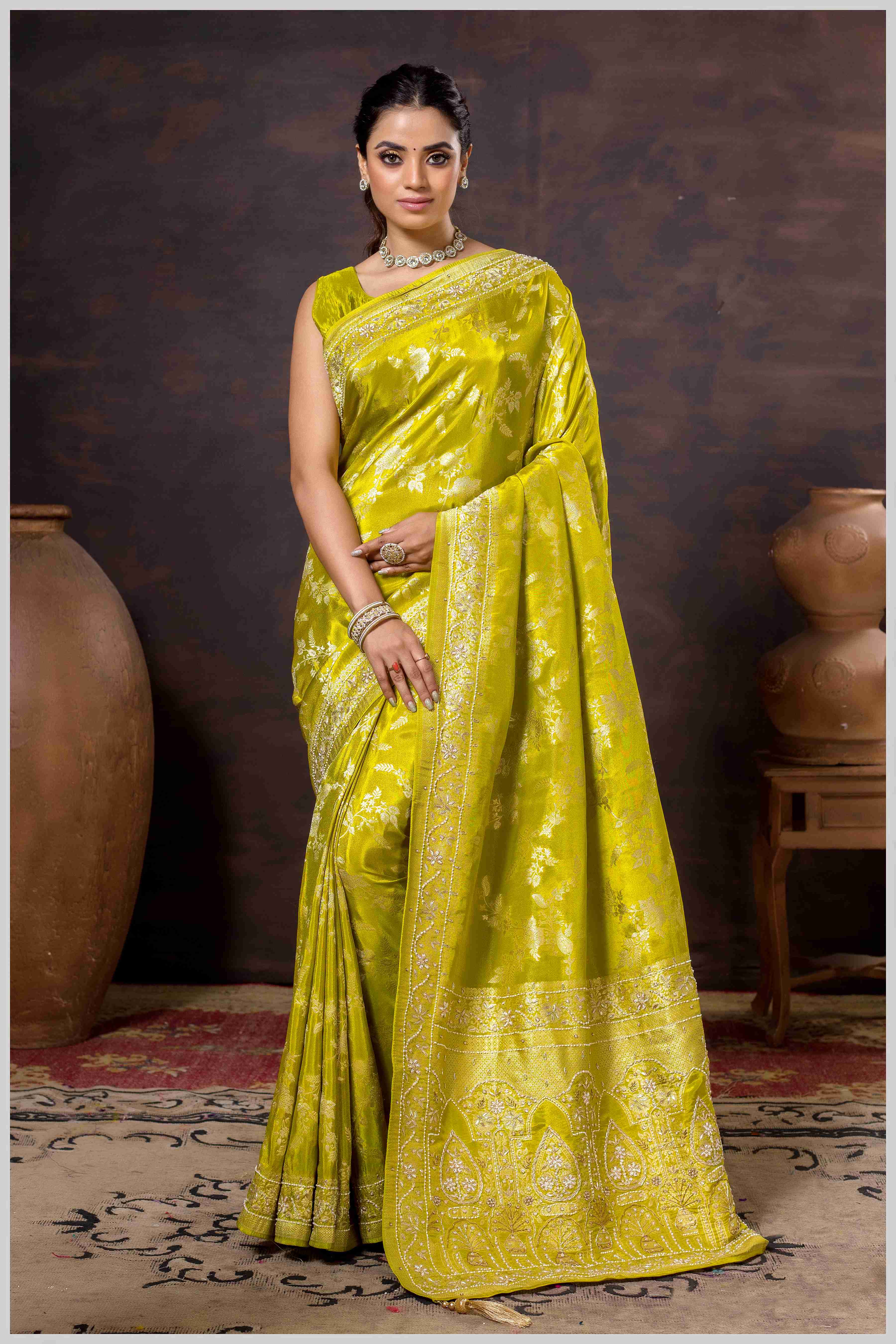 Grace in Bloom: Yellow Tissue Saree with Woven Floral Vines