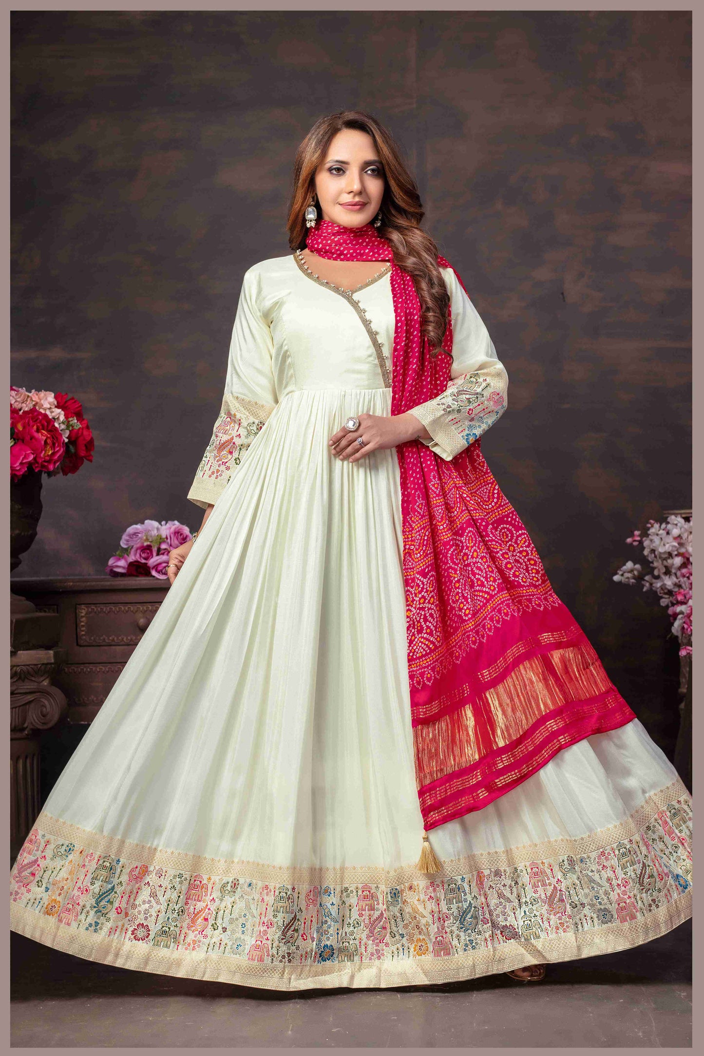 Off White Anarkali Gown with Traditional Bandhej pink Dupatta