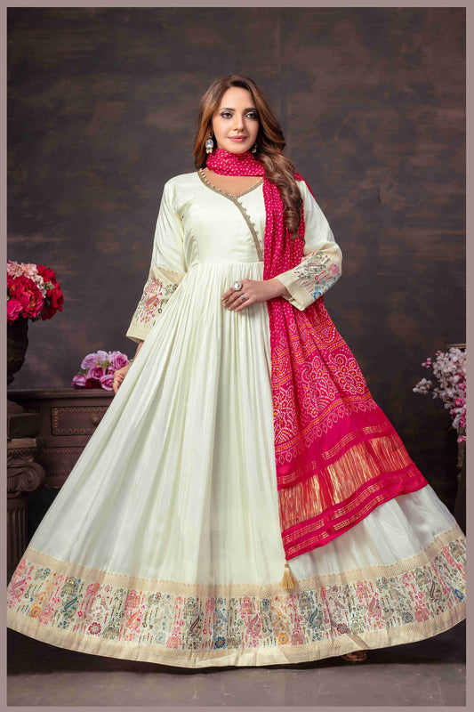 Off White Anarkali Gown with Traditional Bandhej pink Dupatta