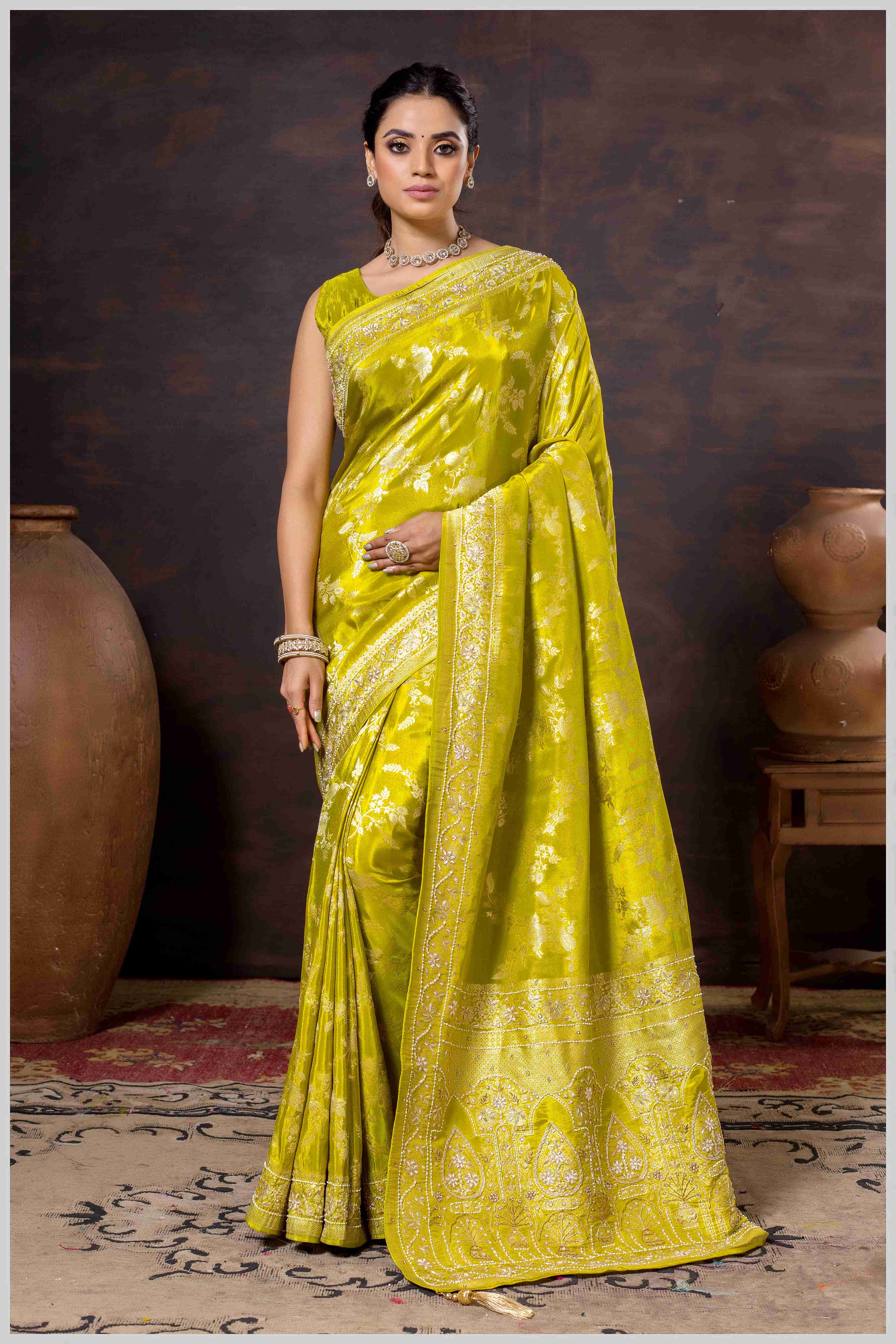 Grace in Bloom: Yellow Tissue Saree with Woven Floral Vines