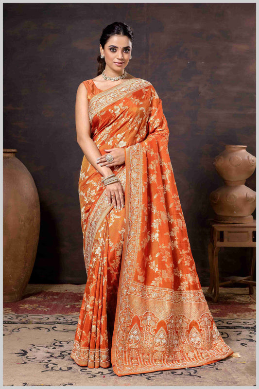 Grace in Bloom: Rust Orange Tissue Saree with Woven Floral Vines