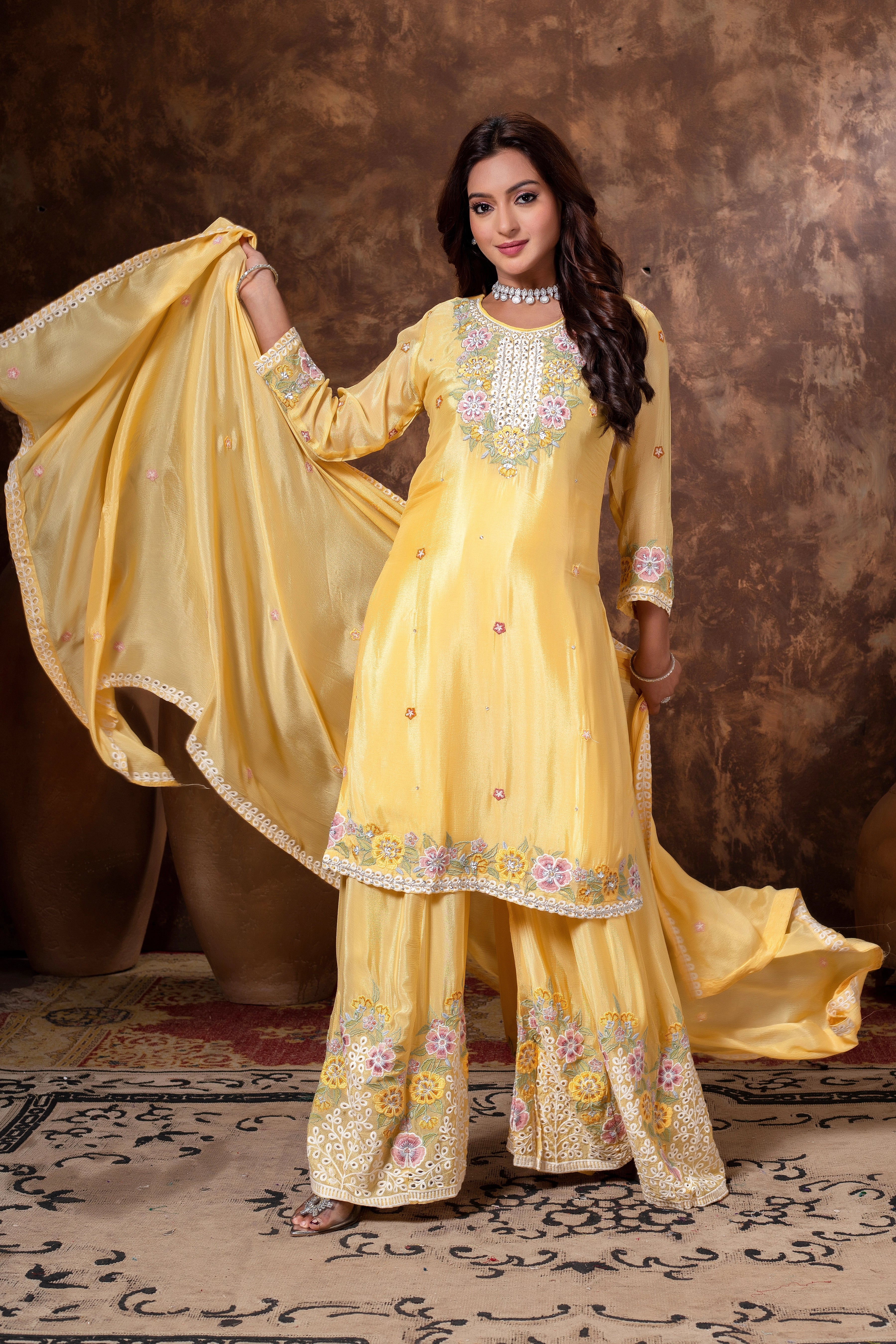 Floral Embroidered Kurta Sharara Set with Dupatta