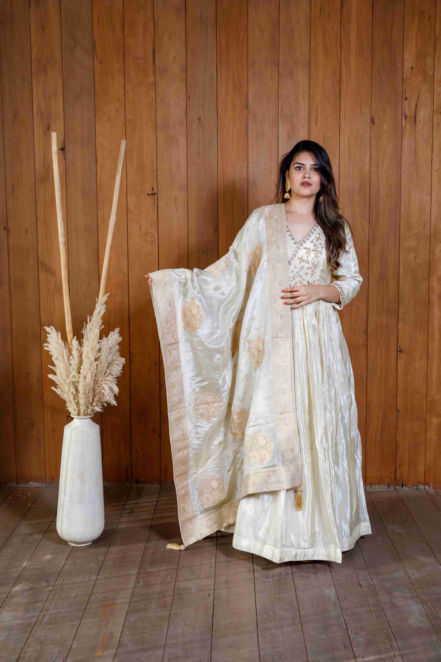 off-white Tissue Silk Anarkali Gown with Banarasi Dupatta