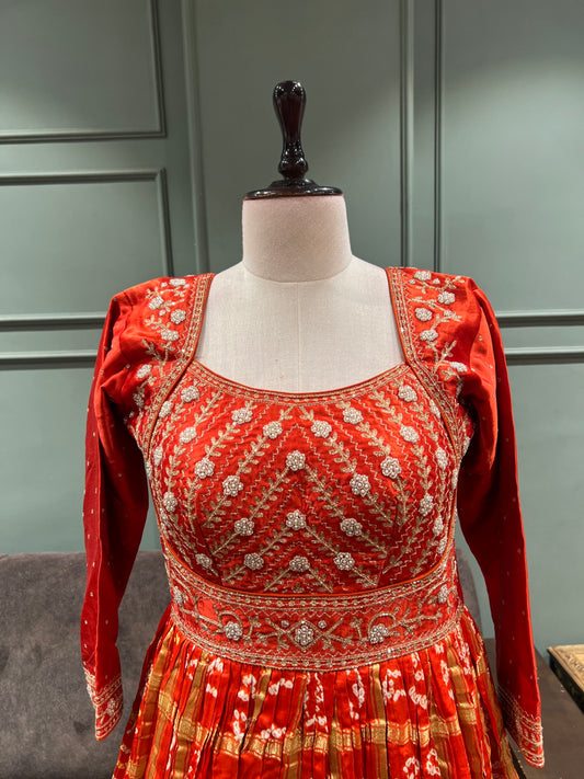 Rust Mirror Anarkali with Bandhej-Style Dupatta