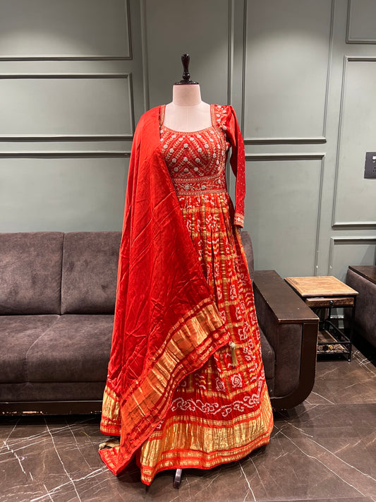 Rust Mirror Anarkali with Bandhej-Style Dupatta