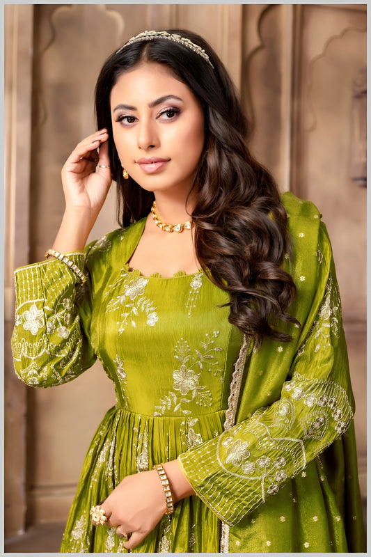 Fiery Mehendi Embroidered Anarkali with Golden Accents