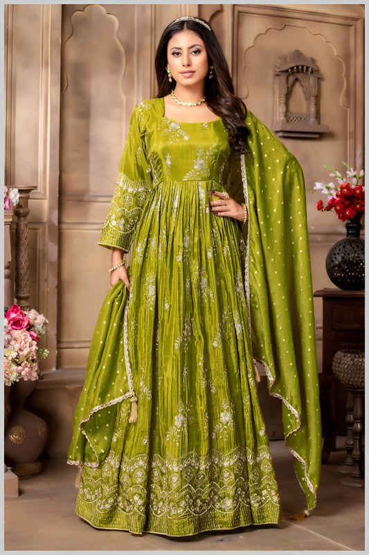 Fiery Mehendi Embroidered Anarkali with Golden Accents