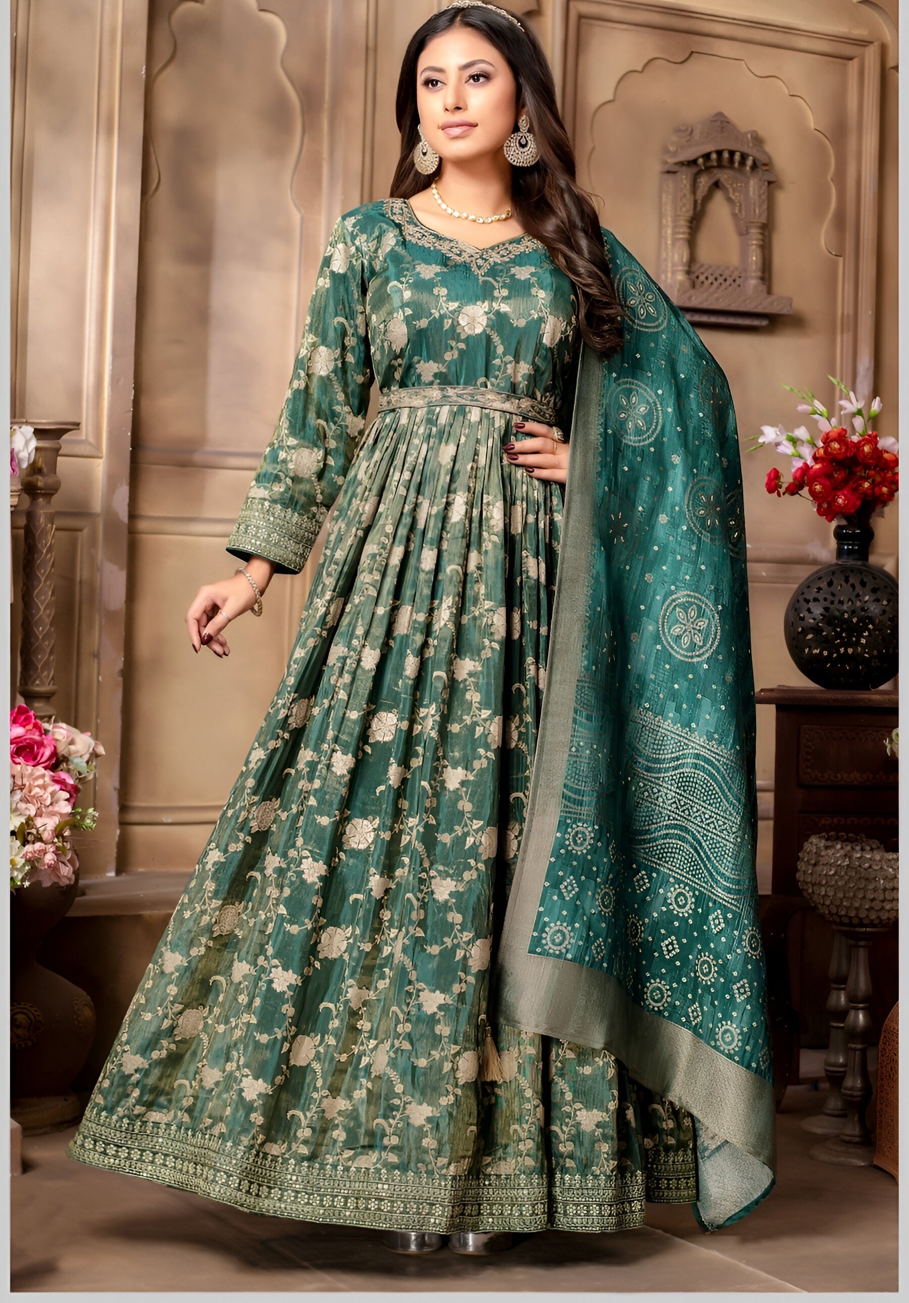 Floral Brocade Tissue Anarkali Gown