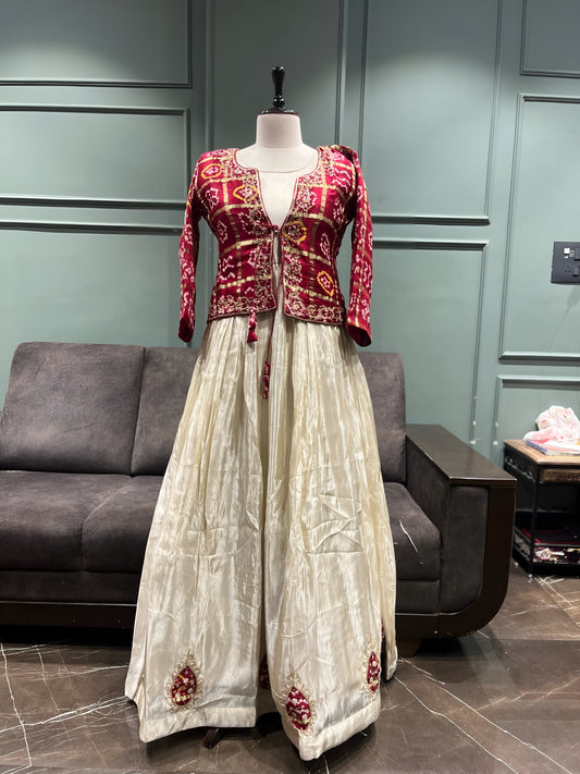 Cream Tissue Anarkali with Red Gajji Jacket