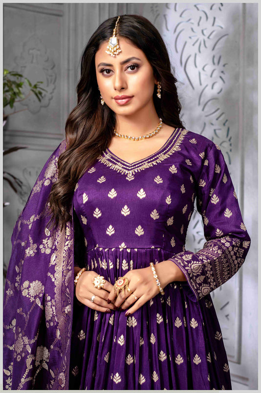 Royal Purple Silk Anarkali Gown with Zari Weave and Butta Work