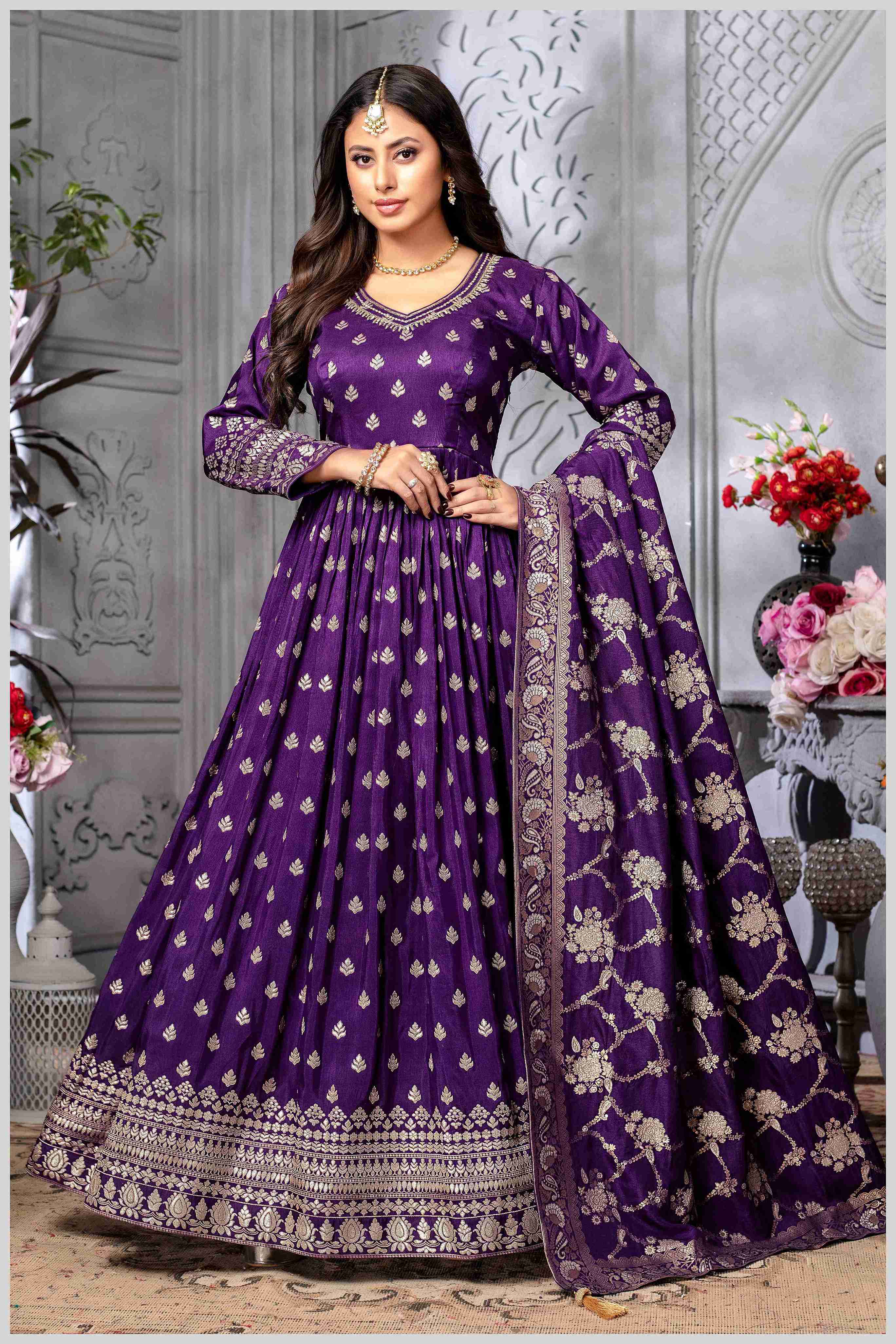Royal Purple Silk Anarkali Gown with Zari Weave and Butta Work
