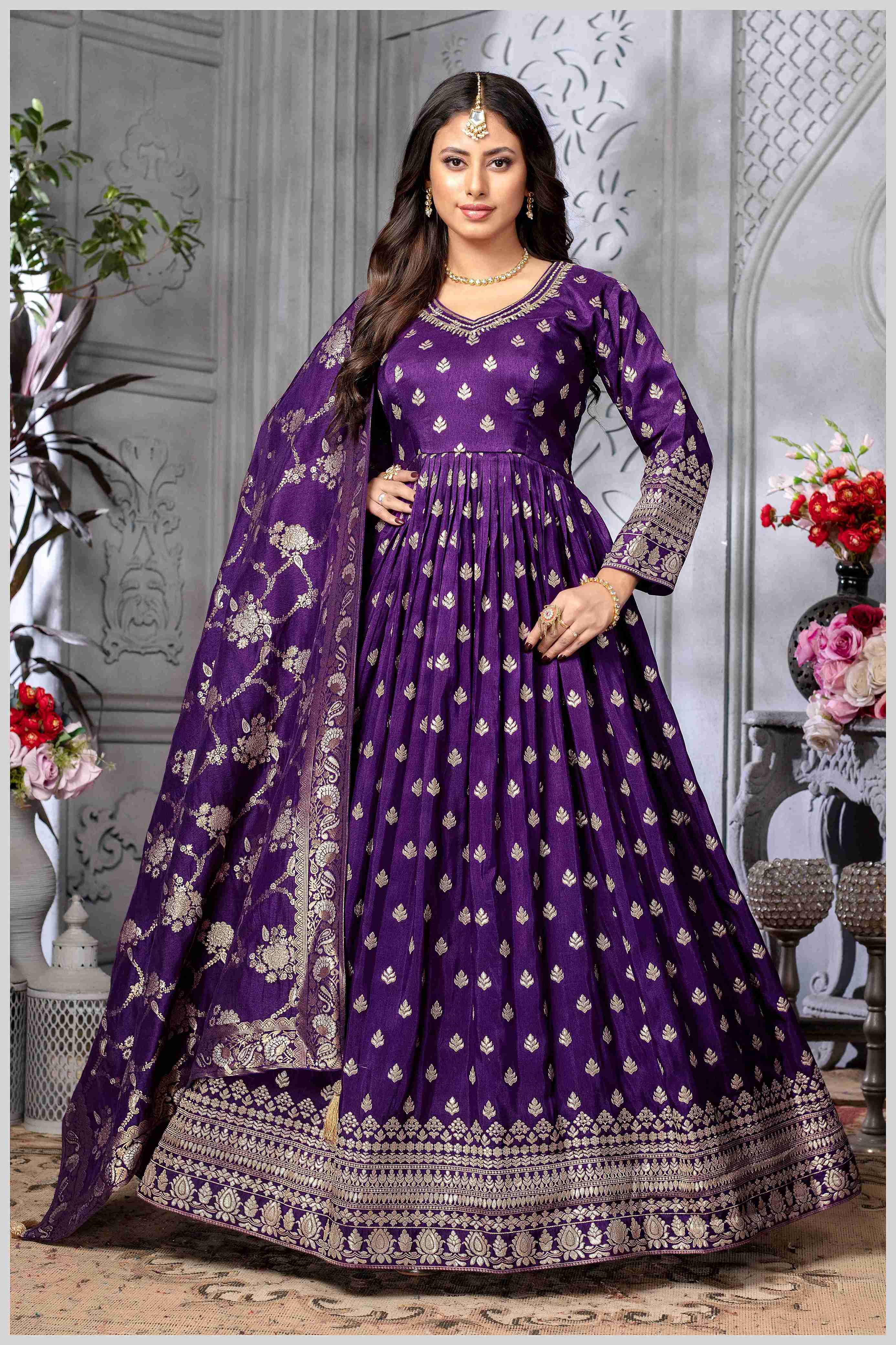 Royal Purple Silk Anarkali Gown with Zari Weave and Butta Work