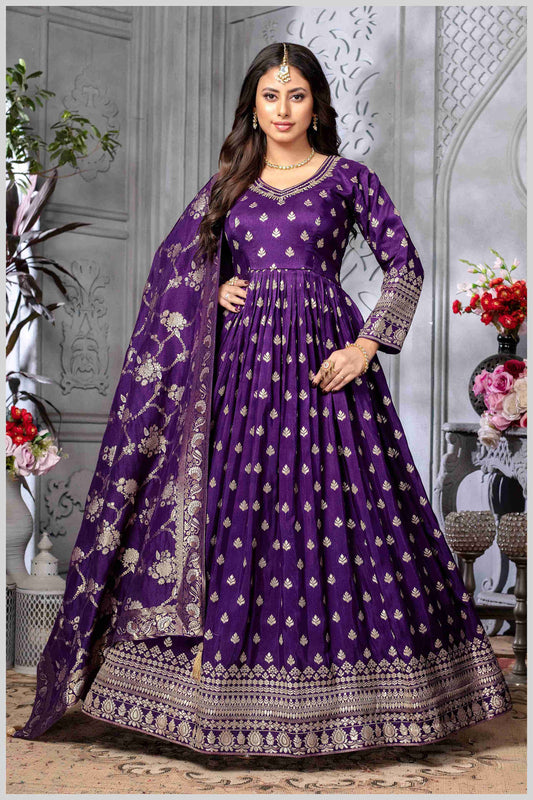 Royal Purple Silk Anarkali Gown with Zari Weave and Butta Work