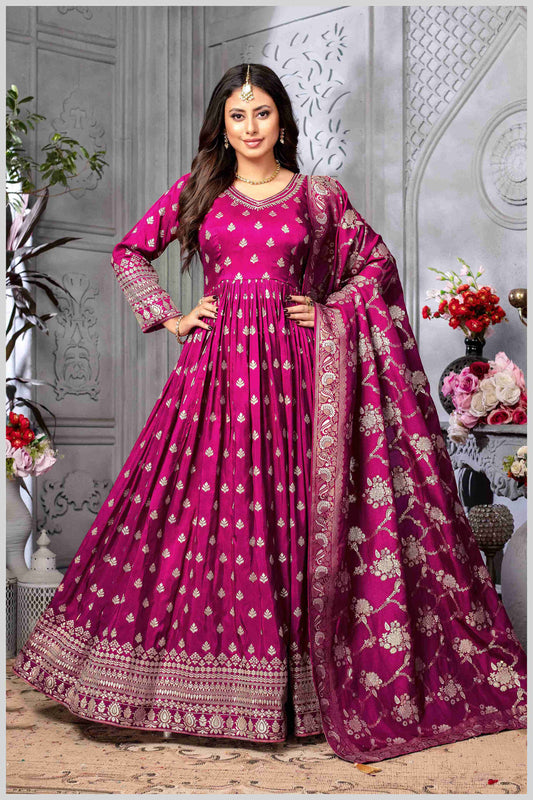Dark pink Silk Anarkali Gown with Zari Weave and Butta Work