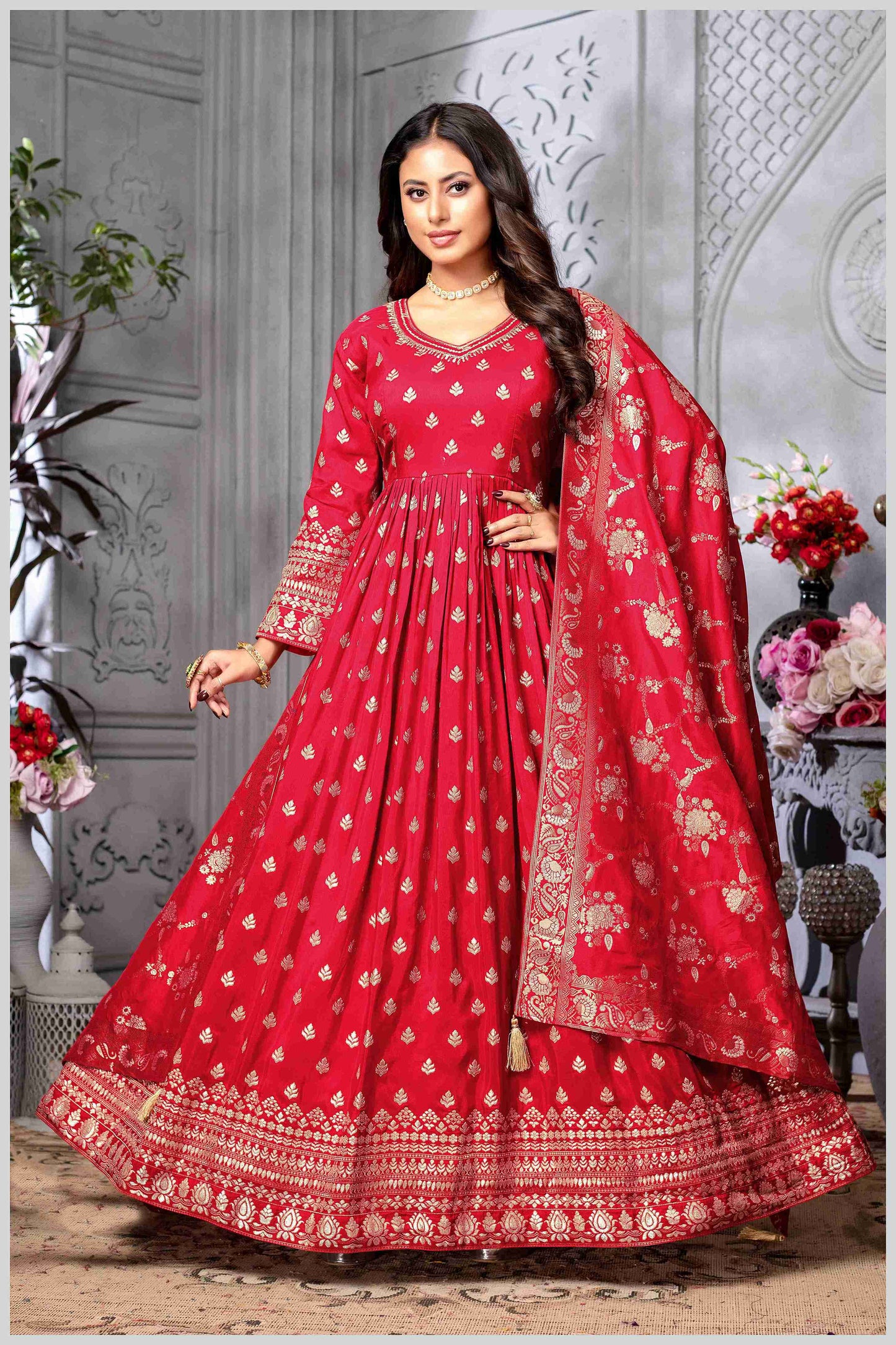 Red Silk Anarkali Gown with Zari Weave and Butta Work