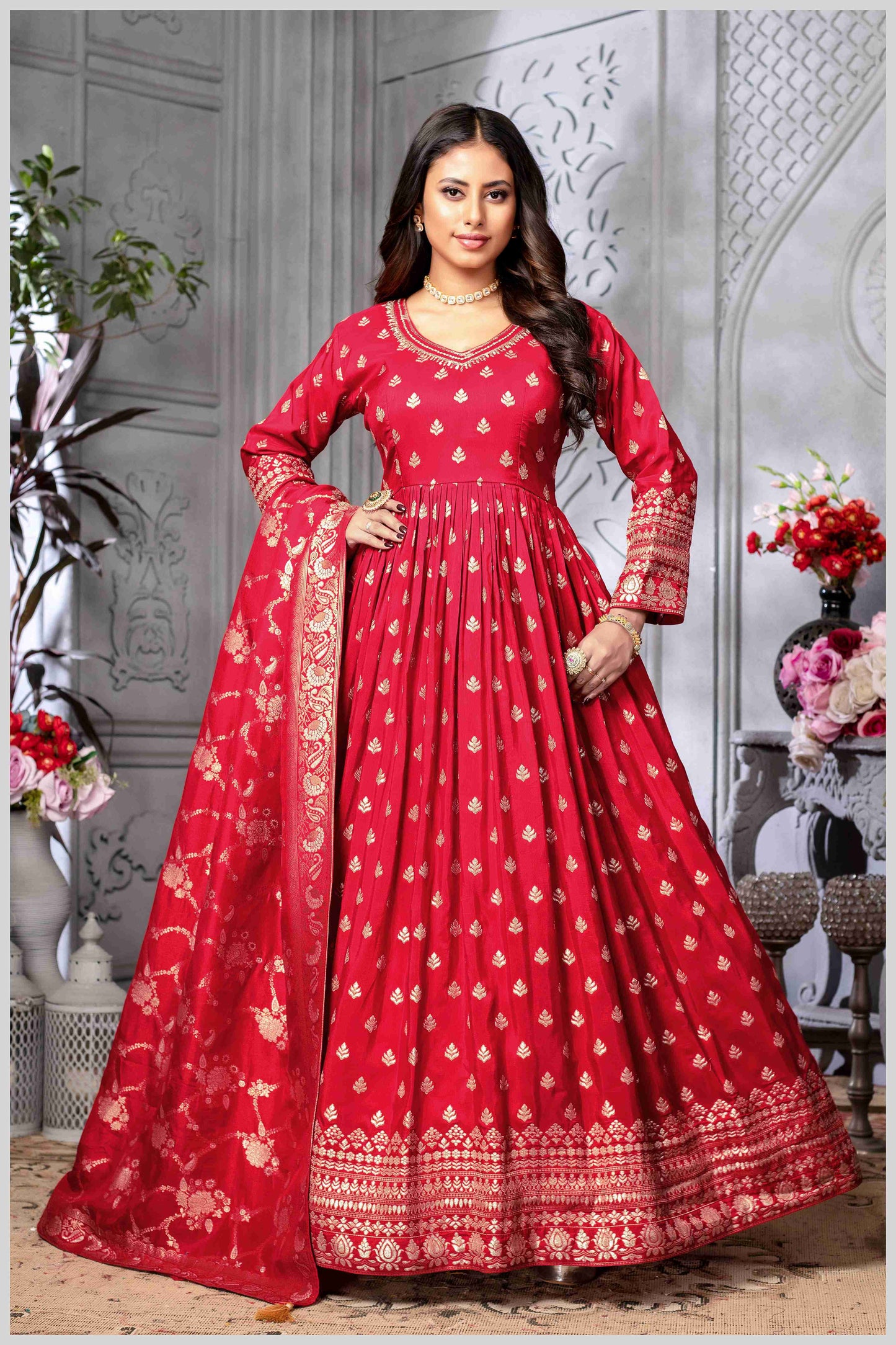 Red Silk Anarkali Gown with Zari Weave and Butta Work