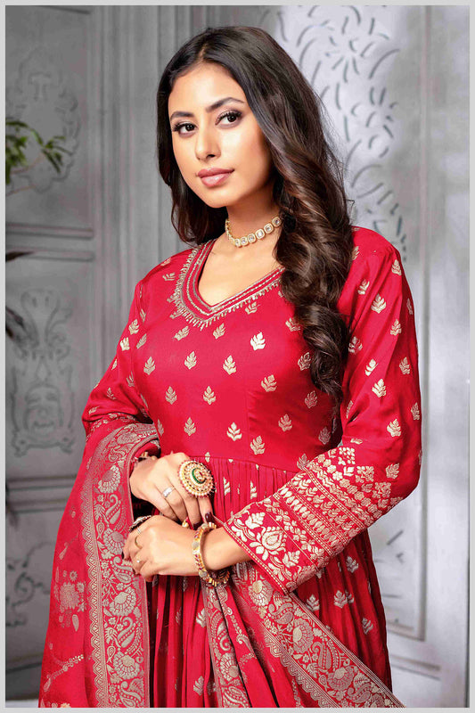 Red Silk Anarkali Gown with Zari Weave and Butta Work