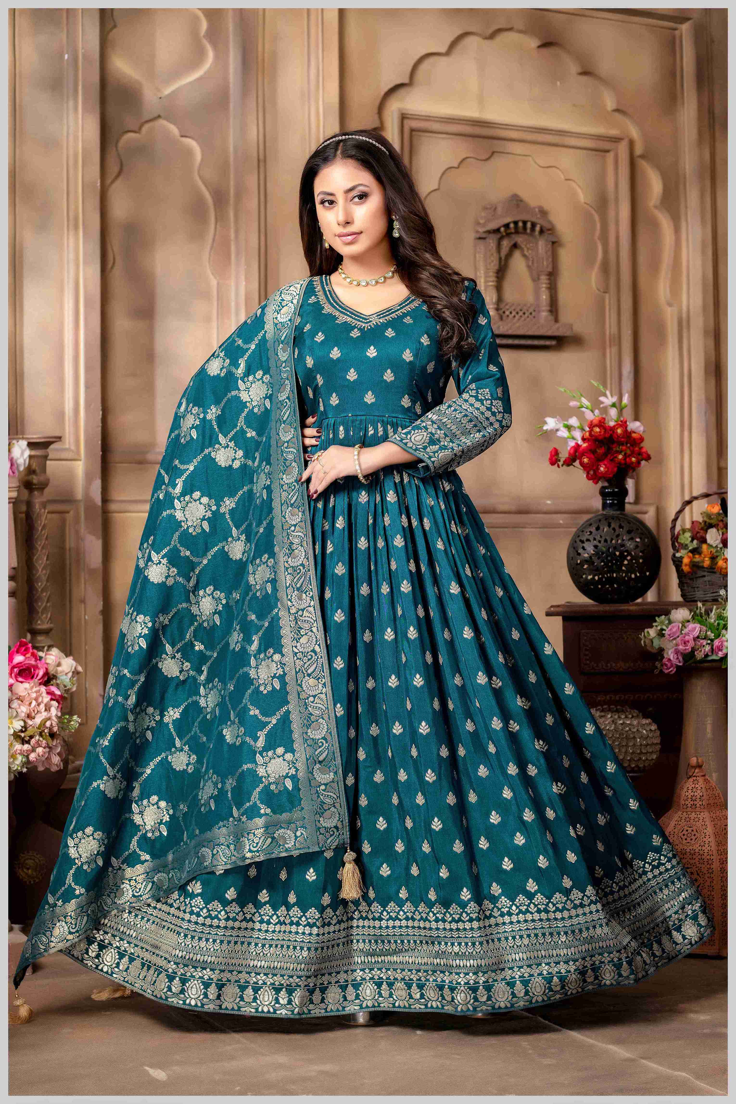 Dusty Blue Blue Silk Anarkali Gown with Zari Weave