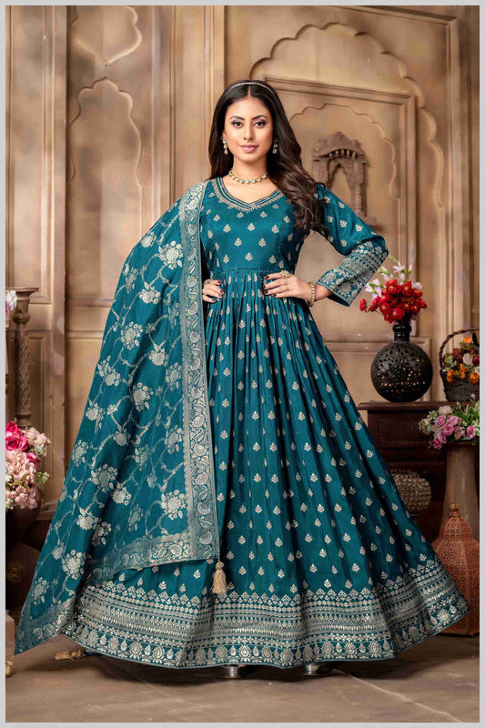 Dusty Blue Blue Silk Anarkali Gown with Zari Weave