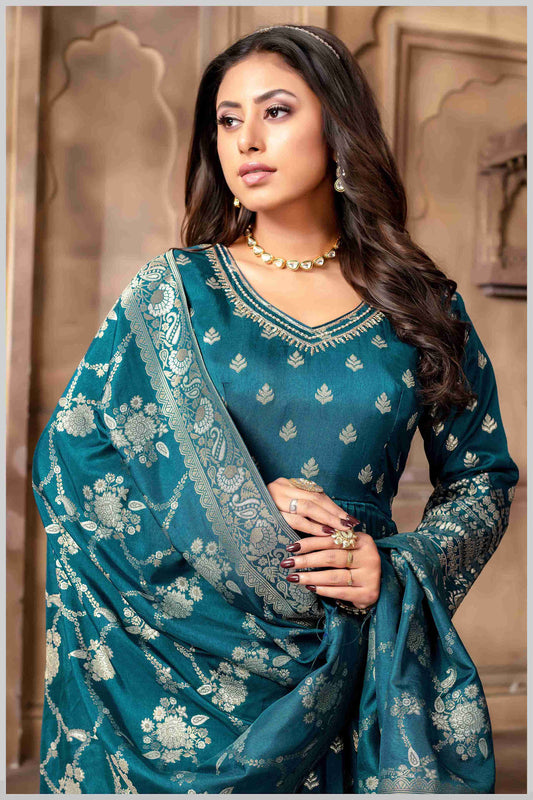 Dusty Blue Blue Silk Anarkali Gown with Zari Weave